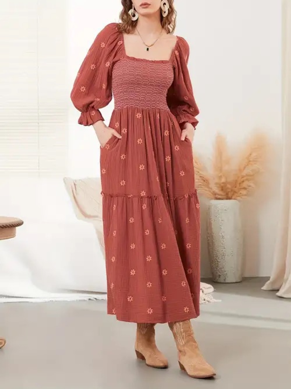 Women's Boho Rust Floral Tiered Dress